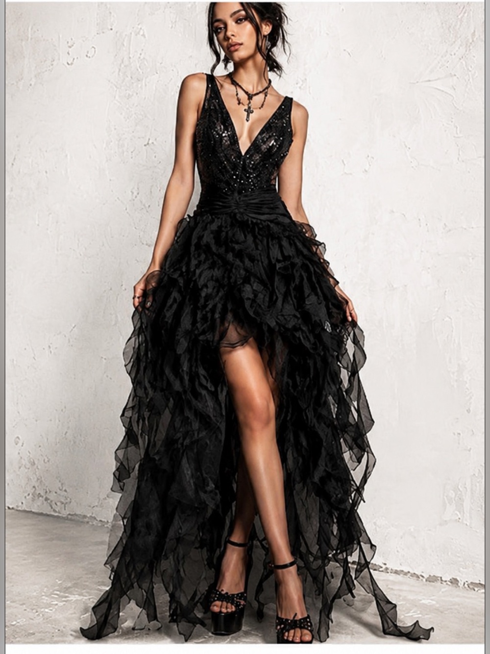 Precious Formals Black Sheer Beaded Goth Fairycore Formal Dress